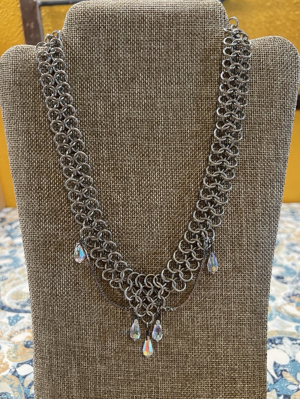 Silver Tone y2k Chunky Chain Statement Necklace Crystal Teardrop Dangle Layered